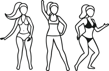 A simple, graphic illustration showcasing various female body shapes in swimwear.