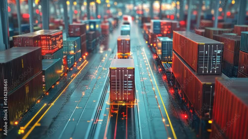 Poster futuristic cargo tracking system with real time monitoring in container yard. scene showcases advanc