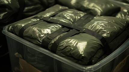 Folded moving blankets and straps in a plastic container awaiting deployment