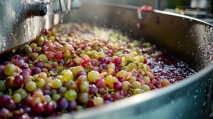 Grape must fills a stainless steel fermentation tank, bubbling and frothing as fermentation begins. This process is essential for wine production at wineries during harvest season