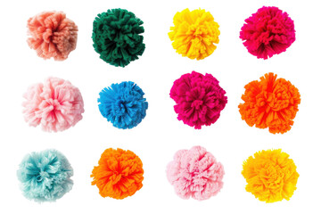 Artful yarn pom-poms on a white background for creative inspiration isolated on transparent background