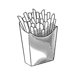 French Fries in Paper Packaging Line Art Engraving Style