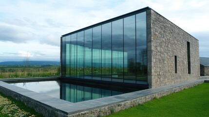 Obraz premium Glass-walled sustainable building reflecting surrounding natural landscape