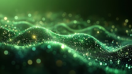 Abstract Green Energy Wave Background Sparkling Particles and Glowing Texture