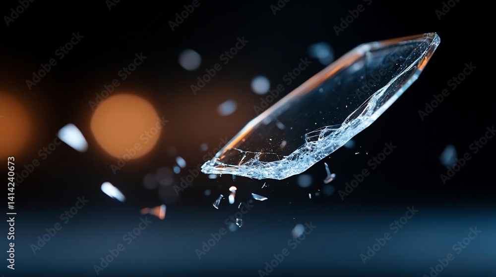 Poster a close-up shot of a shard of shattered glass suspended mid-air against a blurred background, showca