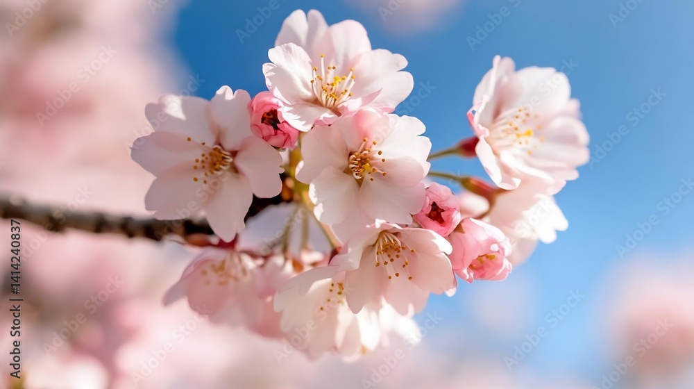 Aufkleber Close-up of delicate pink cherry blossoms against a clear blue sky with soft focus creating a dreamy atmosphere. Petals are illuminated by sunlight enhancing their texture and color