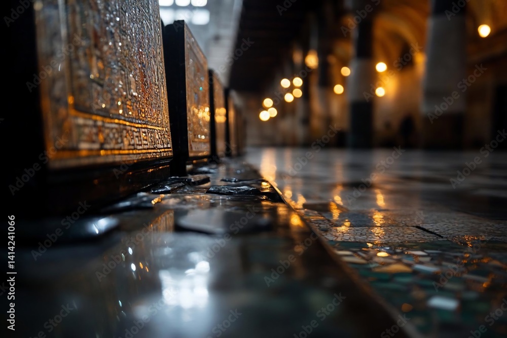 Poster Low angle shot inside generic building featuring patterned tile floor wet surface reflection and antique architectural details creating a sense of depth