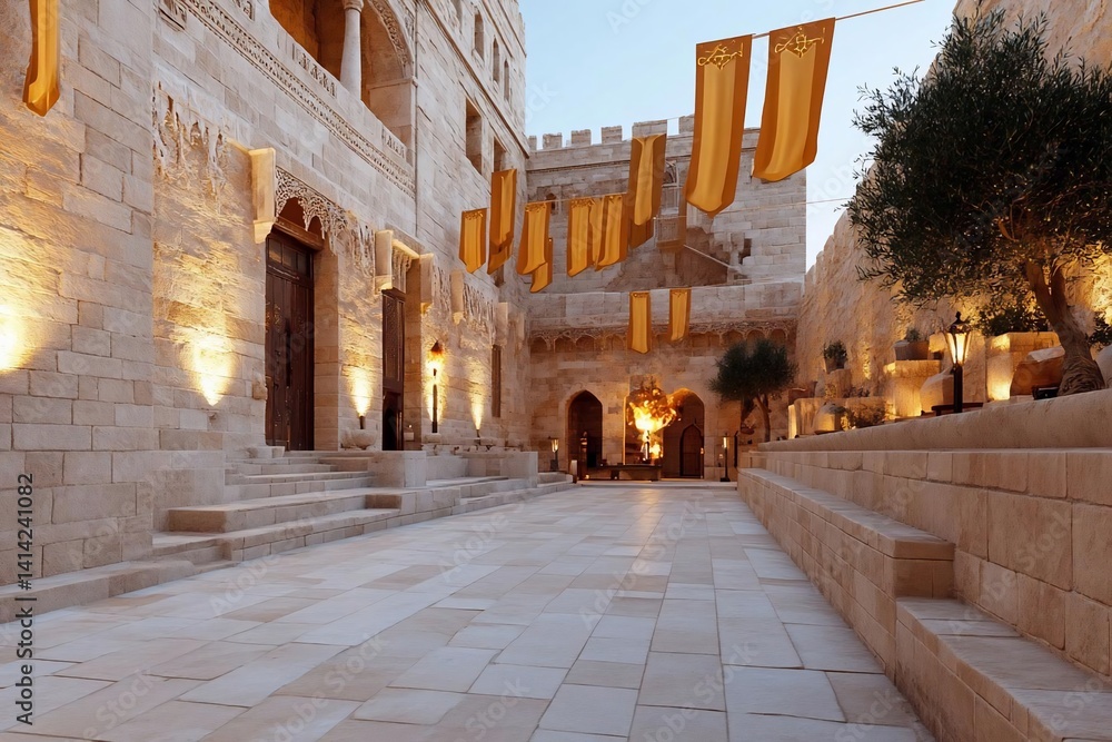 Aufkleber Generic architecture with warm lighting and hanging banners creating a festive atmosphere. The scene features a courtyard, trees and a sky background