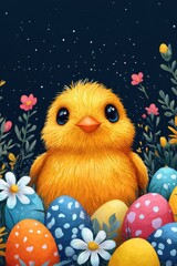 Adorable Easter Chick Surrounded by Colorful Eggs and Spring Flowers