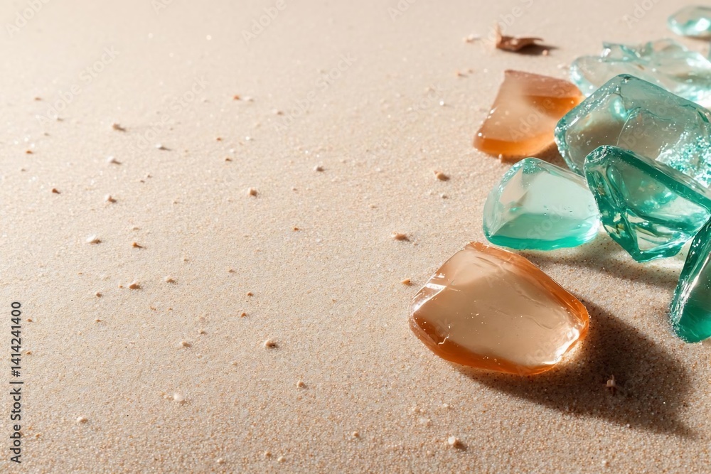 Poster close up view of colorful glass pieces on sunlit sand. soft lighting and shadows create a sense of c