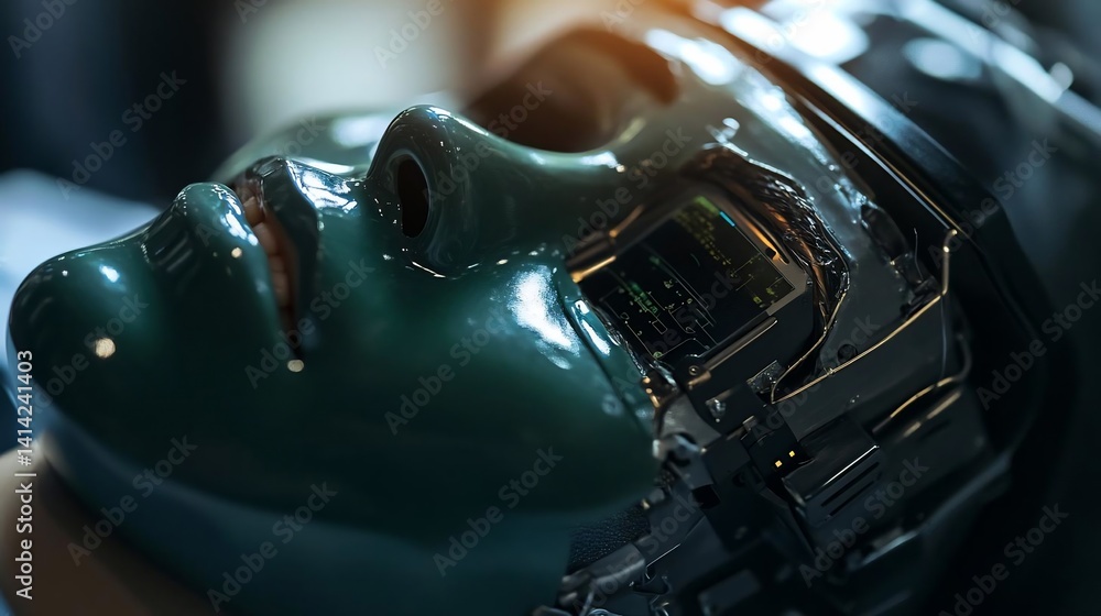 Poster close-up view of a robotic face with a green exterior revealing internal circuitry details. emphasiz