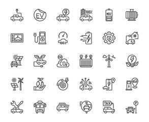 Set of electric vehicle outline icons. Includes EV charging, eco-friendly energy, battery levels, electric buses, solar panels, zero emissions, and green transportation concepts. editable stroke line