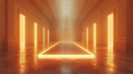 Glowing Orange Hallway with Neon Light and Open Doors - Abstract Architectural Interior