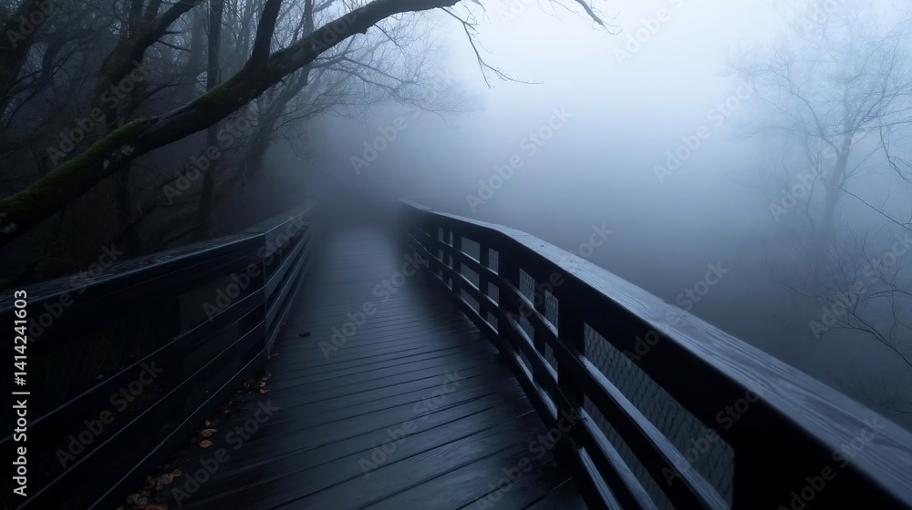 Aufkleber Wooden bridge disappearing into dense fog surrounded by trees creating a mysterious and atmospheric scene in a forest. Moody lighting and muted colors enhance the tranquil environment