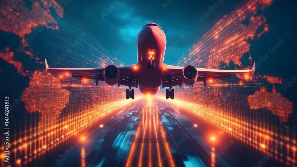 Aufkleber airplane flying through illuminated data streams, representing a global logistics network, advanced 