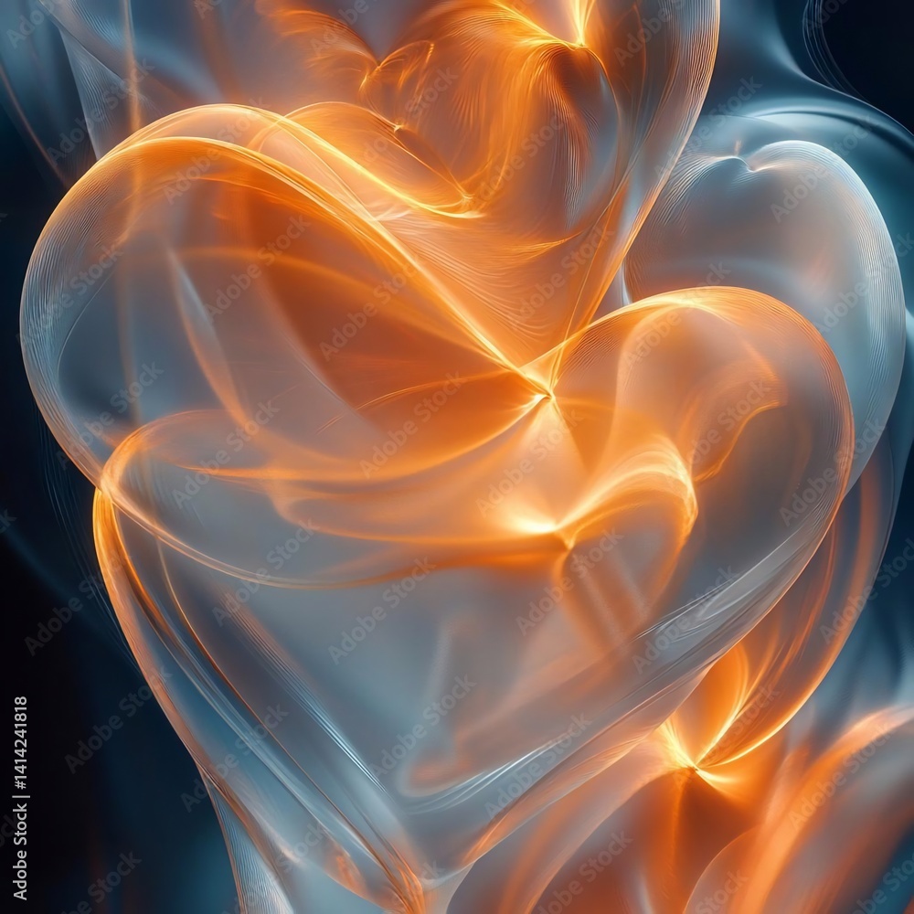 Aufkleber Abstract artwork featuring flowing lines in shades of orange and blue illuminated with a soft glow. Transparent and layered forms create depth against a dark background