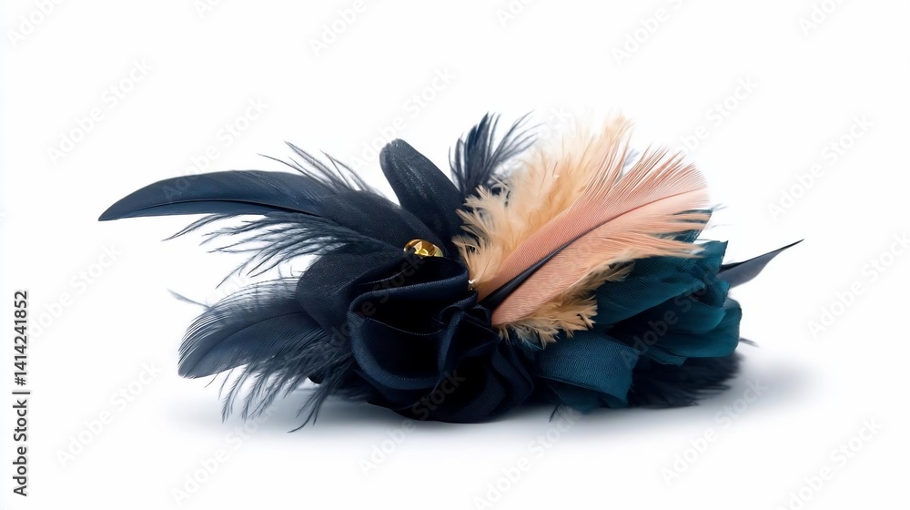 Poster elegant feather accessory in dark blue teal and peach colors with delicate textures isolated on whit