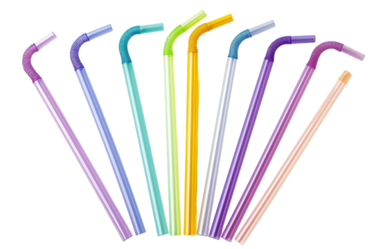 Colorful reusable straws arranged artistically in a playful display for eco-friendly dining isolated on transparent background