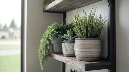 Ladder shelf with reclaimed wood planks acting as shelf tiers, holding craft supplies