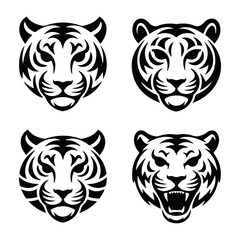  Set of tiger head illustrations in black and white. Tiger head design on white background.Tiger set logo vector icon Silhouette of a tiger head isolated on white background.