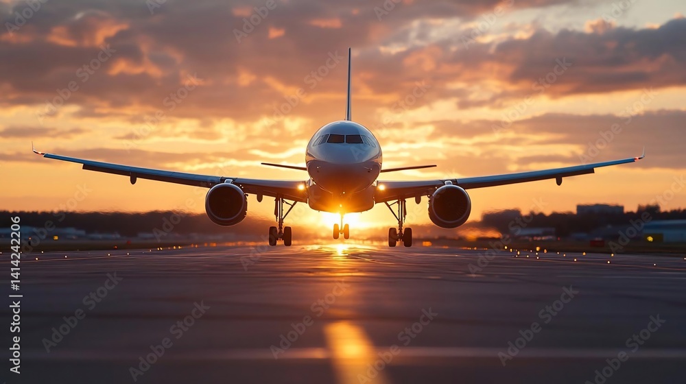Poster a passenger airplane on a runway against the backdrop of a vibrant sunset sky. the aircraft is cente