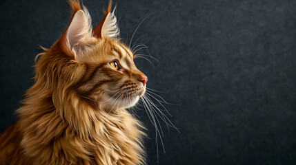 Stunning Portrait of a Long-haired Maine Coon Cat with Bright Orange Color, Showing a Charming Expression Against a Dark Background that Brings Out the Beauty of His Face. AI Generated Images.