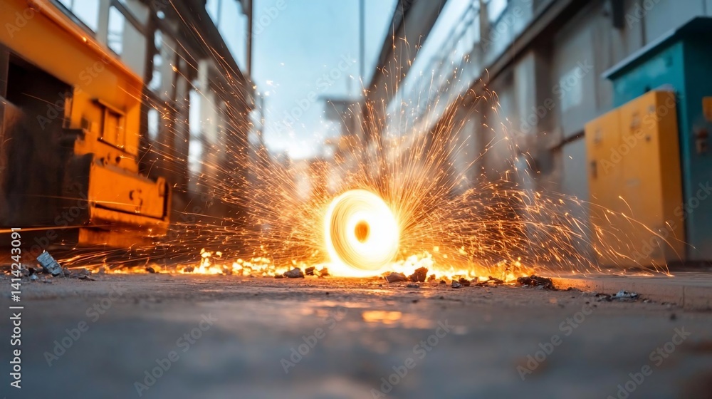 Poster close-up view of a circular object with sparks emitting in an industrial setting. the object is glow