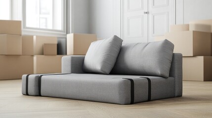 Neatly wrapped sofa with corner protectors and moving straps placed beside other packed items