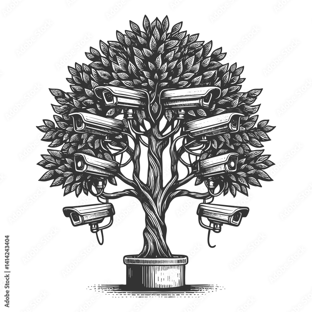 Poster tree with security cameras growing from its branches, symbolizing surveillance, technology in nature