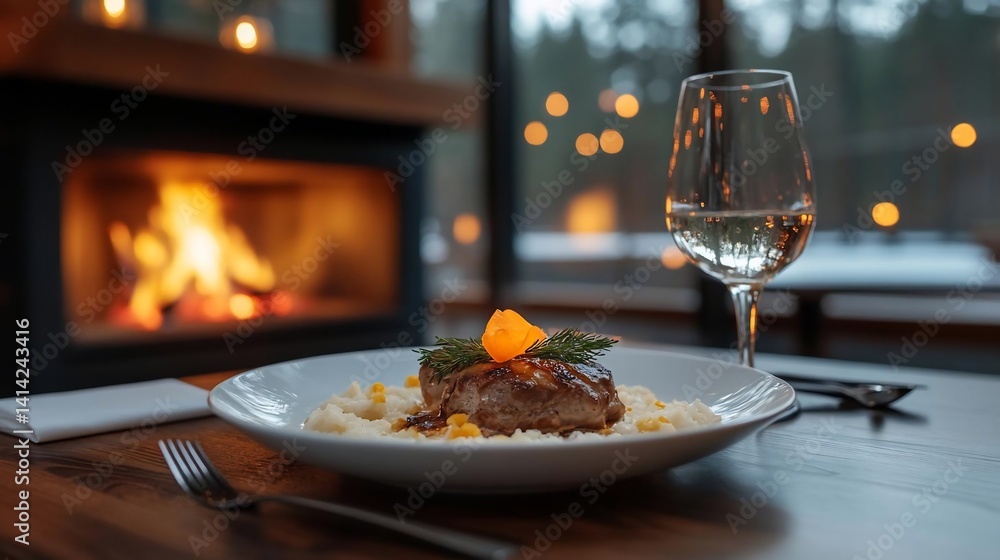 Aufkleber elegant culinary presentation featuring a main dish on a white plate with a blurred background of a 