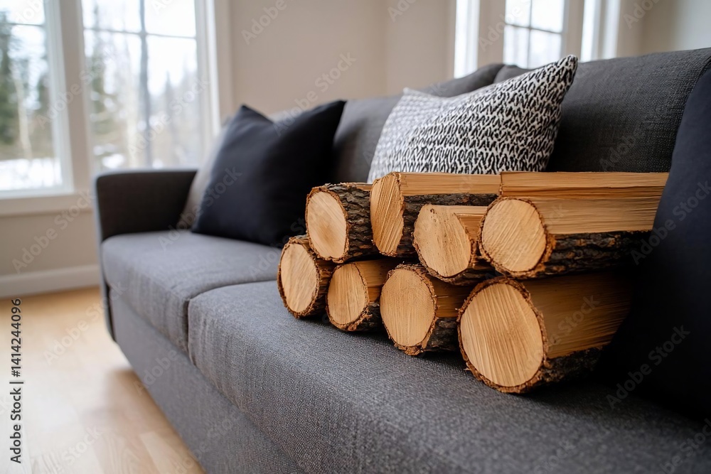 Poster Close-up of a stack of wooden logs on a grey sofa with dark and patterned pillows. Natural light from a window illuminates the scene creating a cozy and inviting atmosphere