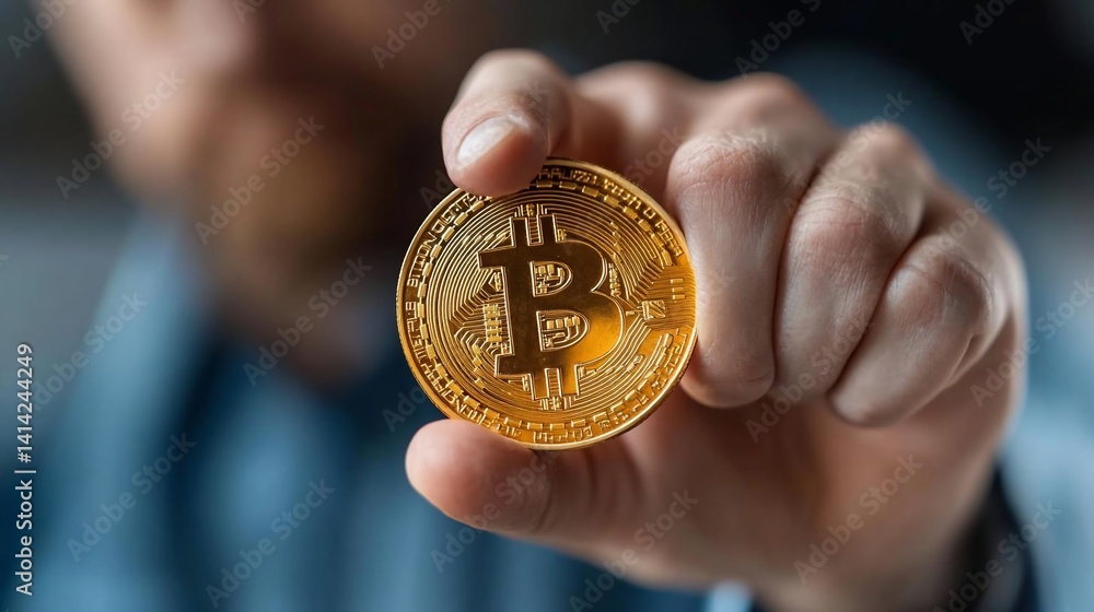 Aufkleber close up of a hand holding a golden coin with a 