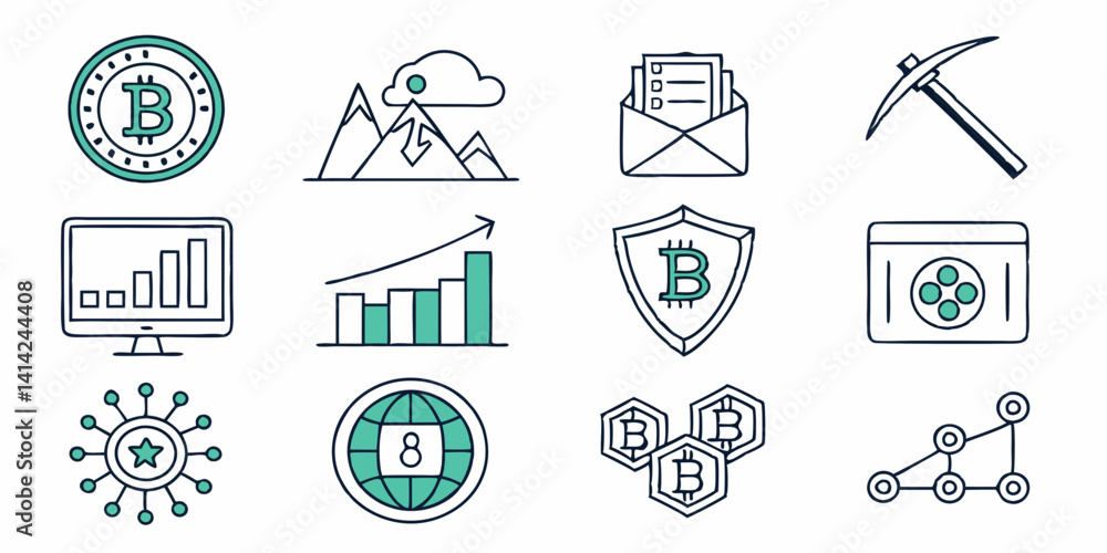 Poster cryptocurrency blockchain bitcoin icons teal line art vector set