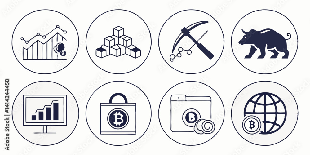 Poster bitcoin cryptocurrency finance icons vector set blockchain mining stock market line art