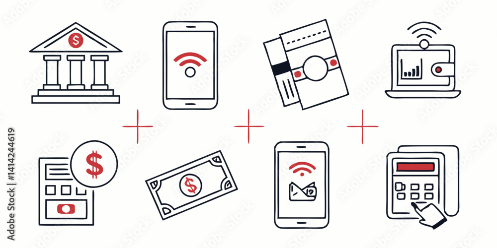 Poster digital banking and payment methods line art icons
