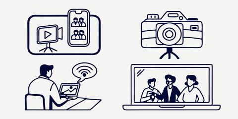 Online Meeting, Video Camera, Smartphone, Laptop, Digital Media Icons Line Art