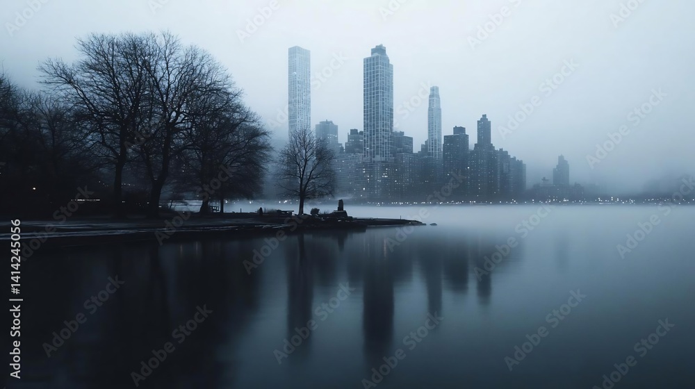 Aufkleber A tranquil scene captures a cityscape reflected on a calm lake front with trees in silhouette adding depth and mood