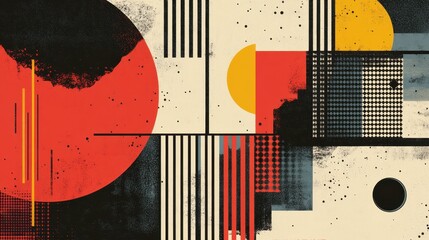 Obraz premium Abstract geometric art with red and yellow circles on beige background
