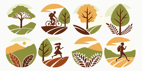 Vector Nature & Outdoor Activity Icons Hiking Biking Running Trees Landscape Scenes Flat Design