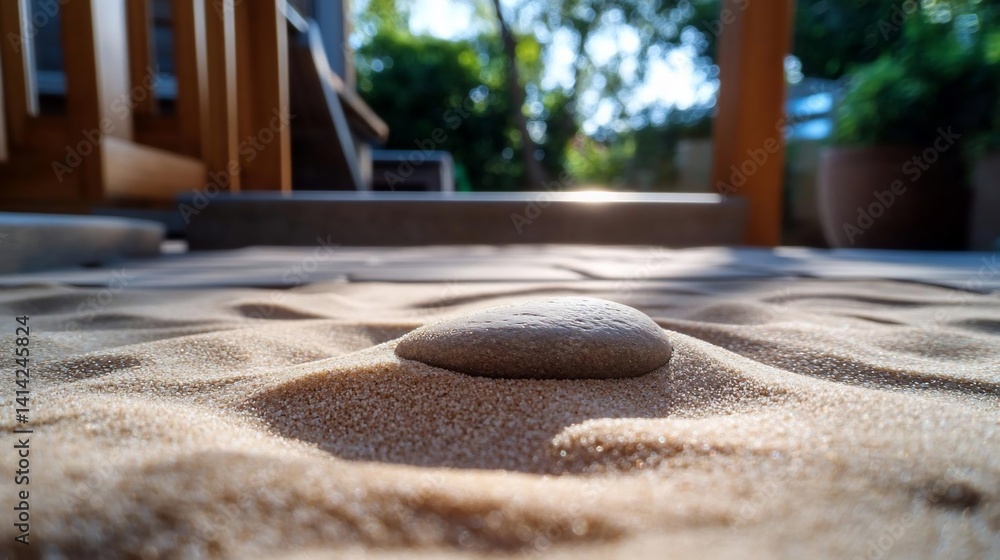 Poster close up shot of sand and a small stone illuminated by sunlight creating shadows with wooden structu