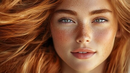 Naklejka premium Close-up portrait of young caucasian female with freckles and flowing red hair