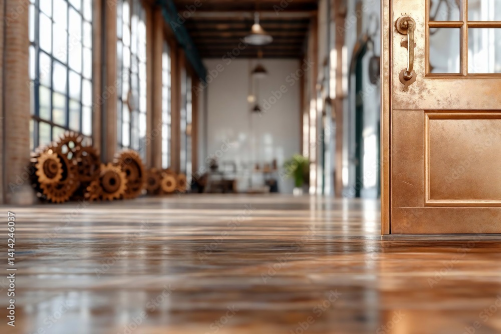 Poster Interior view of a building with a wooden floor and open door. The space is illuminated with natural light, with mechanical gears