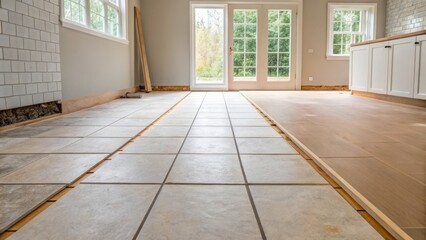 Fototapeta premium Newly tiled floor in a bright, unfinished room with natural light. budget Home Renovation and Flooring Concepts