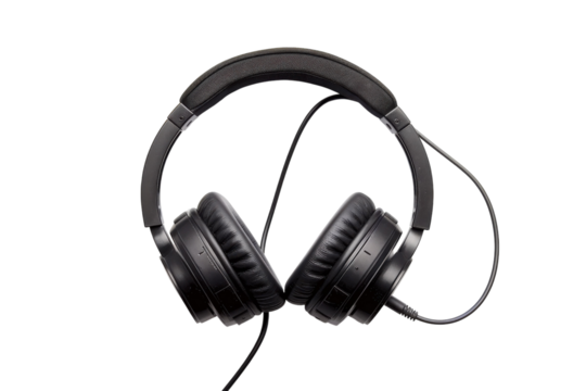 Stylish black headphones resting on a clean white surface ready for an immersive audio experience isolated on transparent background