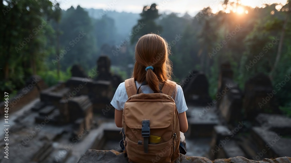Poster young woman with a backpack observes a lush green forest with ruins illuminated by golden sunlight c