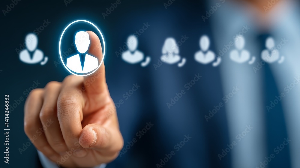 Poster person initiates action by pressing button with a group of people in the background