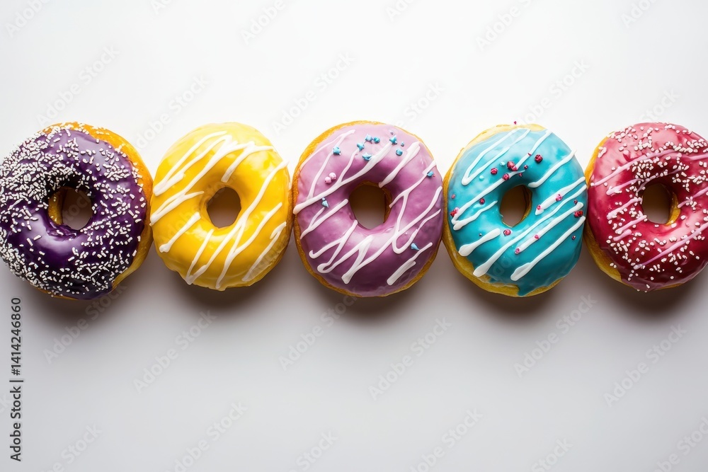 Poster a colorful array of frosted donuts lined up on a white surface creating a tempting and sweet display
