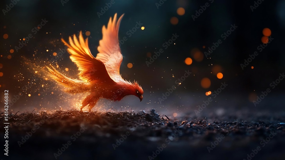 Poster fiery bird depicted with luminous orange and red hues soaring above dark earth. sparks emanate creat