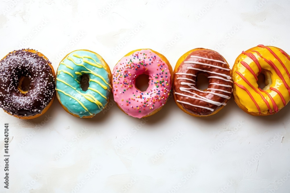 Poster a vibrant assortment of five colorful donuts arranged in a neat row on a bright white surface above 
