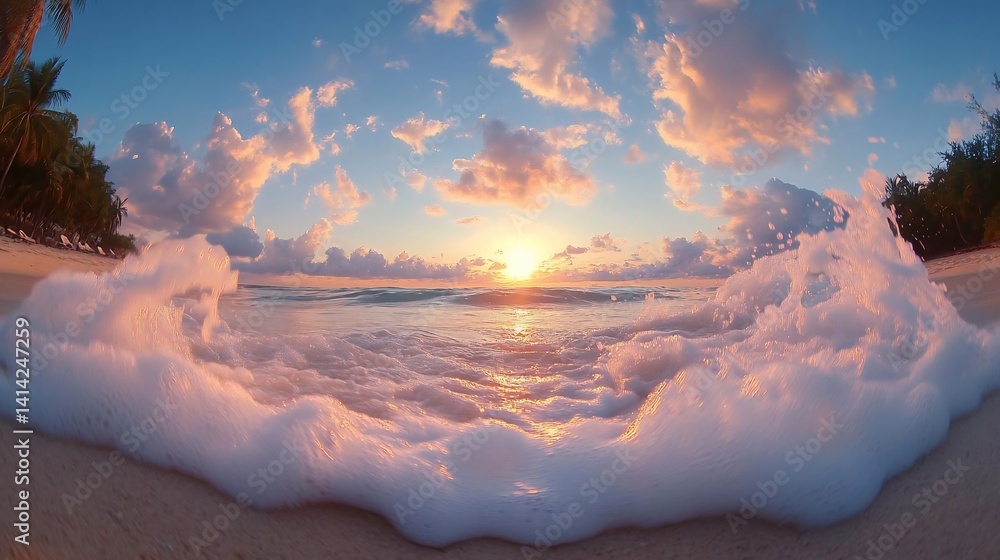 Aufkleber ocean waves crashing on a sandy beach during sunset a visual of a beautiful scene. the sky is filled